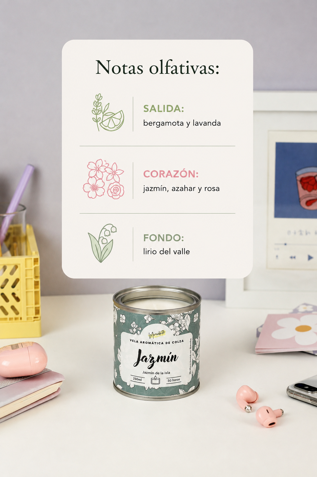 Jazmín – Vela artesanal de flor blanca 🌼