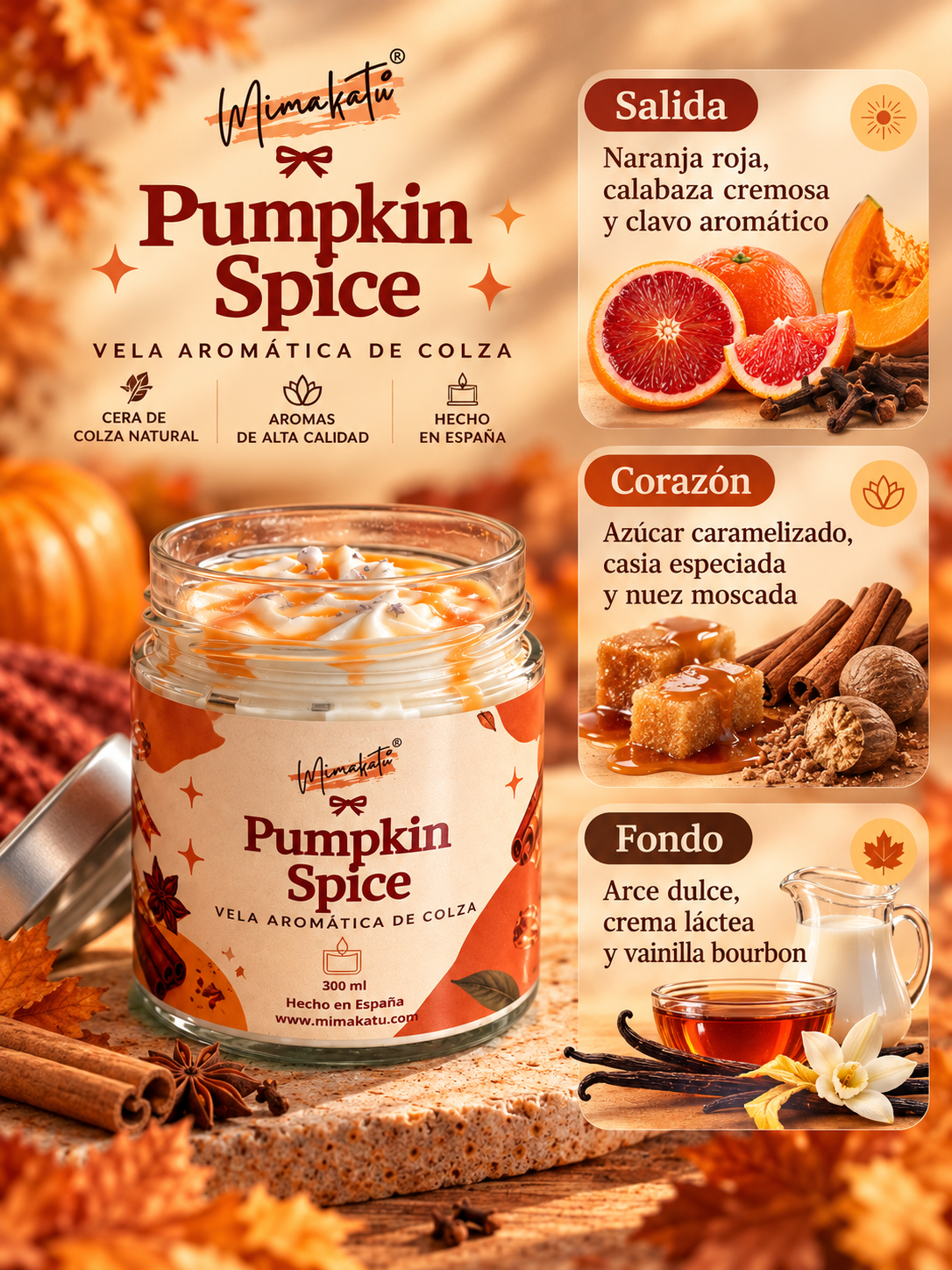 Pumpkin Spice – Vela artesanal de calabaza y especias 🎃🍂